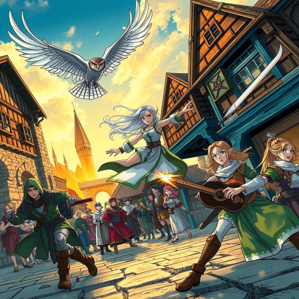 Dynamic Manga Heroes in Medieval Fantasy Cityscape