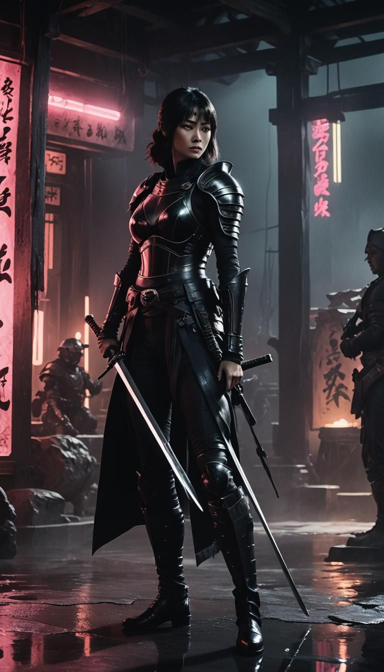 Assassin in Black Armor with Katana, Ink Wash Style