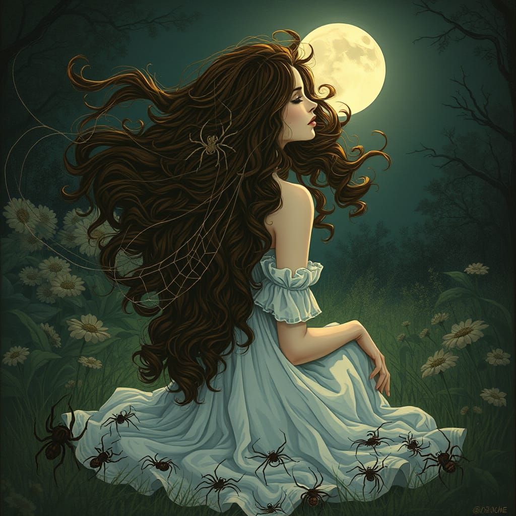 Whimsical Woman's Hair Transforms into Fleeing Spiders in Mo...