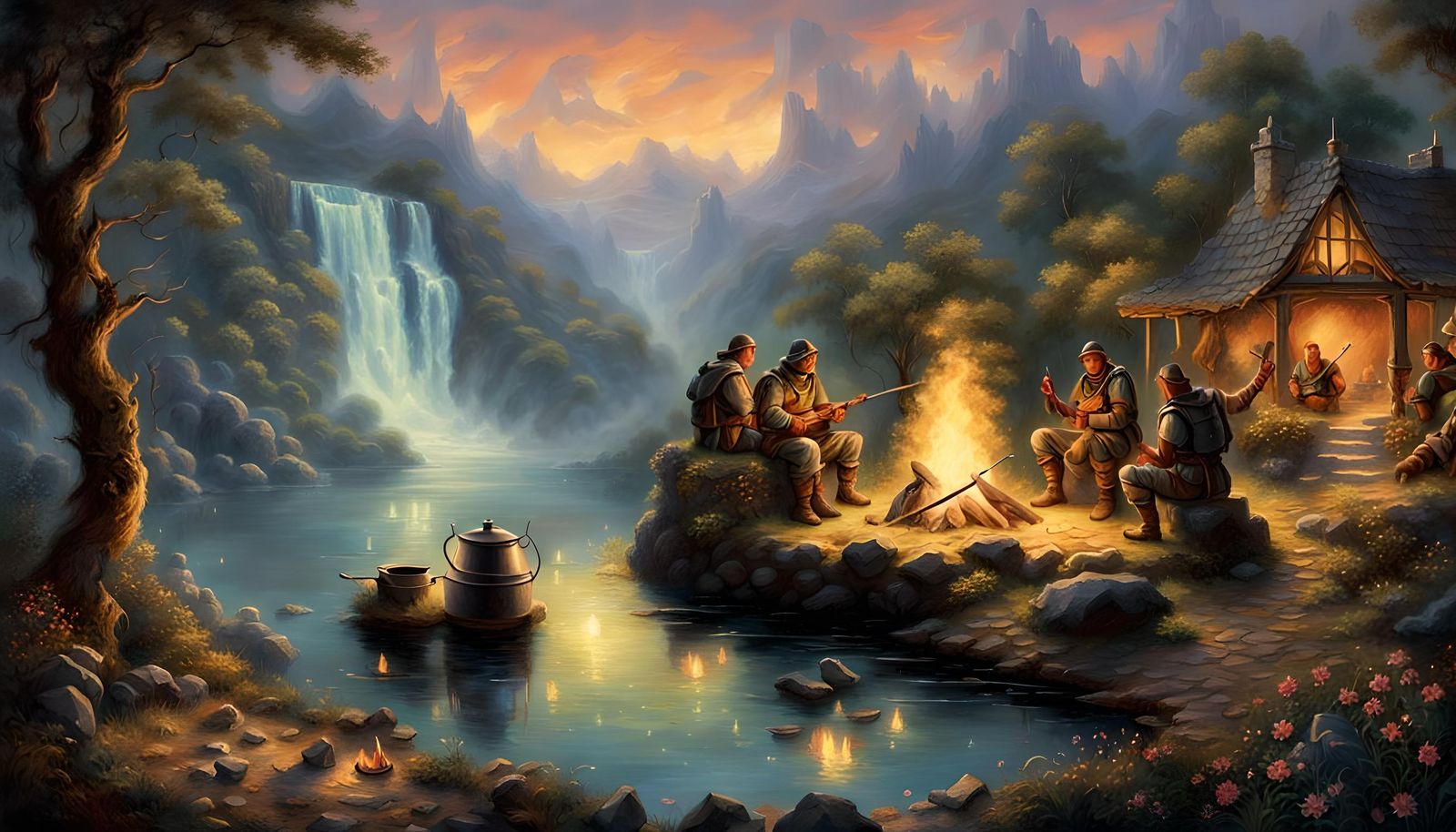 Ethereal Fantasy Adventurers Campfire, Hyperdetailed Mist St...