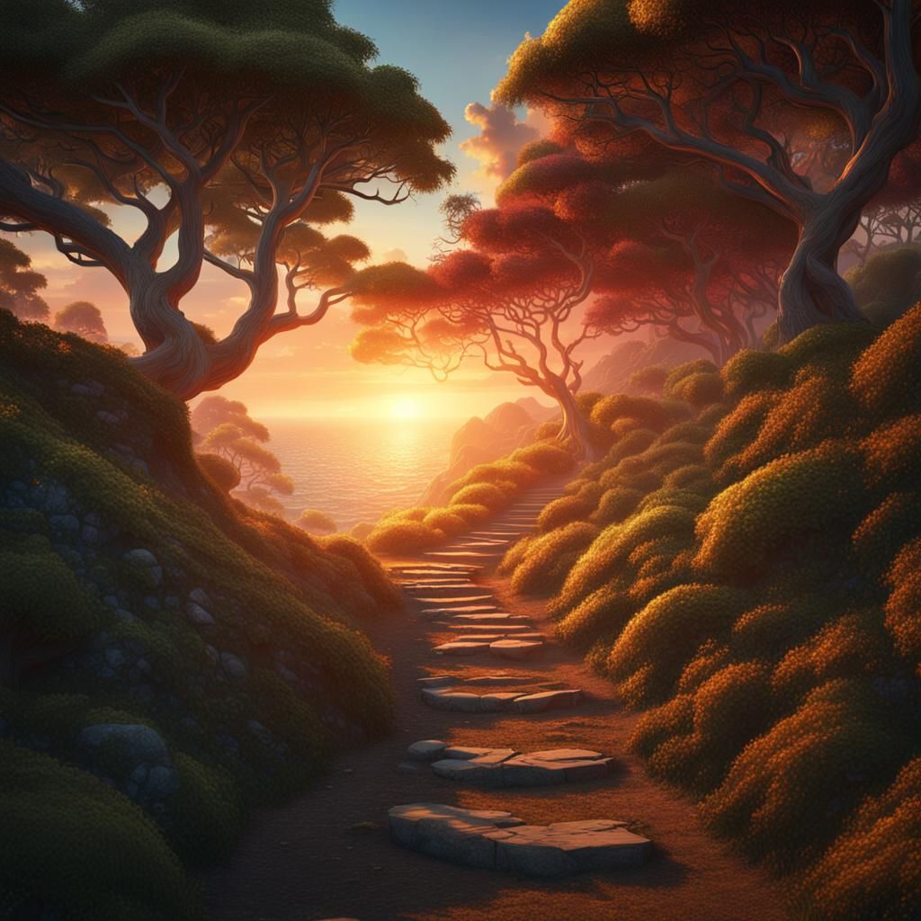 Sunset Path to Sea: Fantasy Concept Art