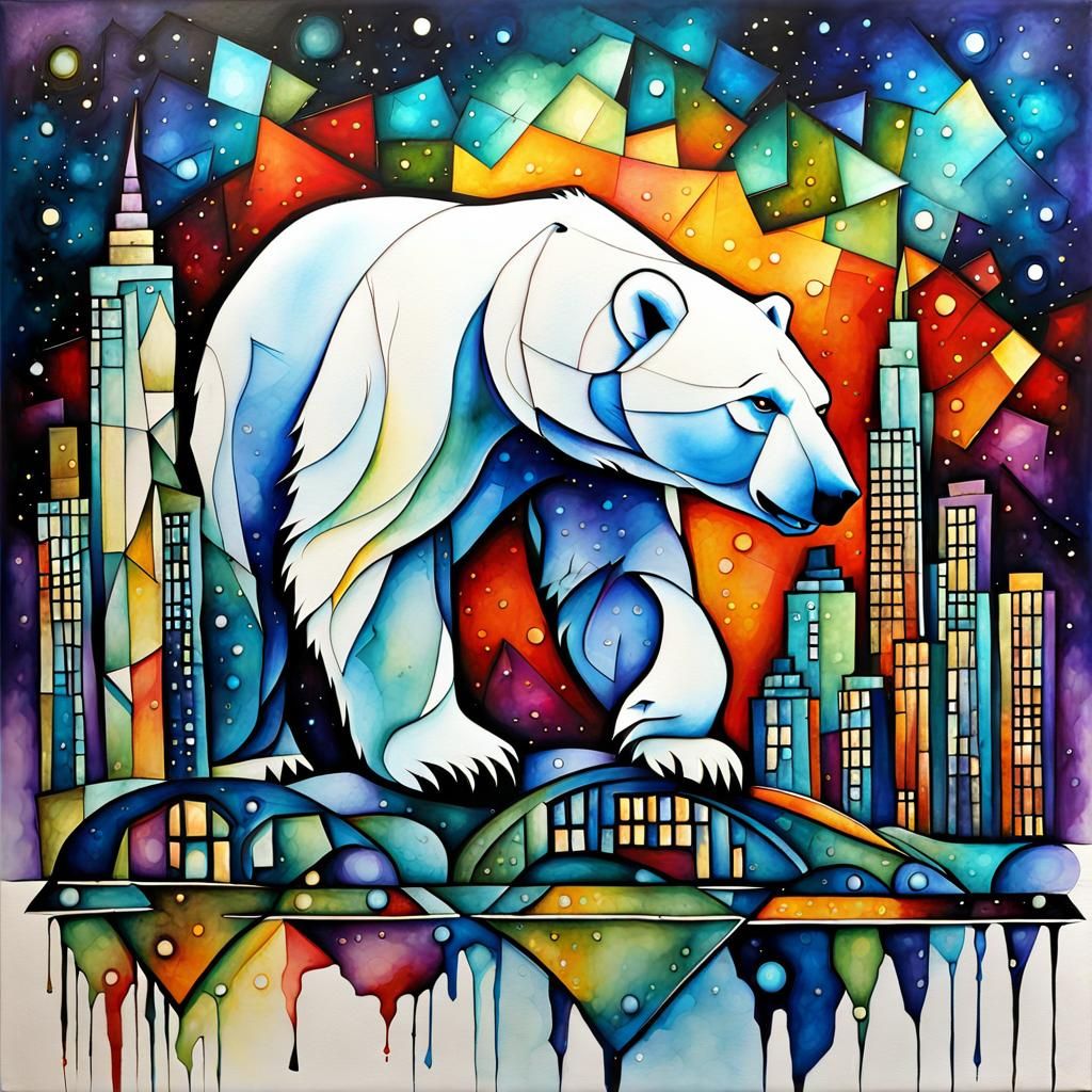 Polar Bear in City at Night: Alcohol Ink Art