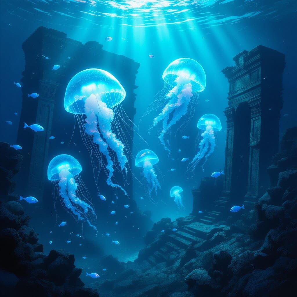 Bioluminescent Jellyfish Illuminate Submerged Ruins