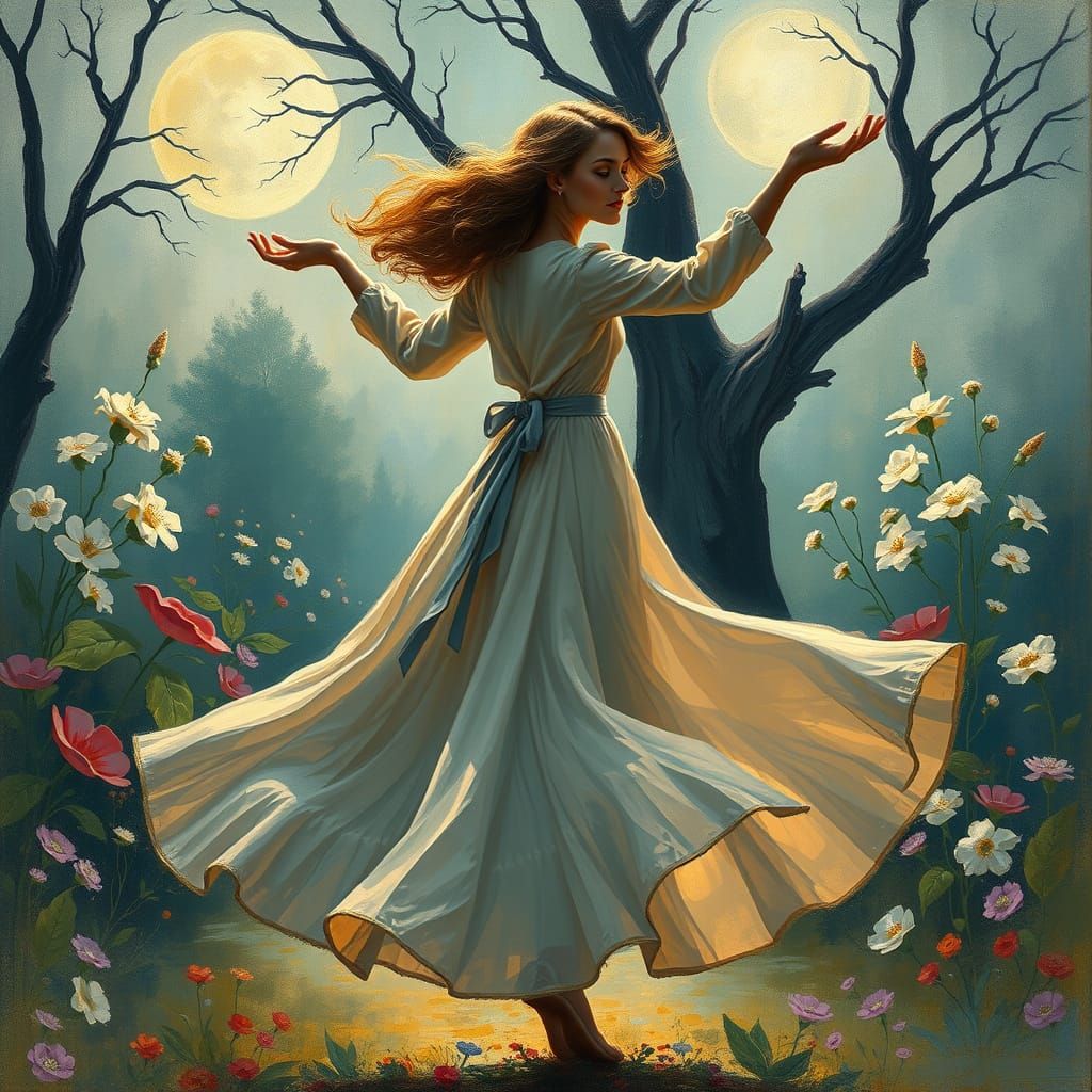 Dancer in a Whimsical Moonlit Garden