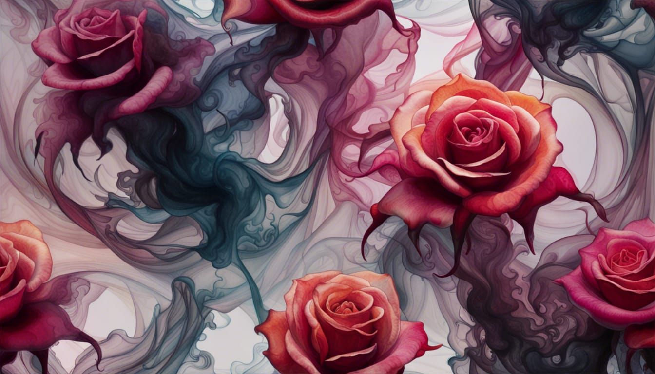 Liquid Ink Roses Dissolving into Swirling Smoke