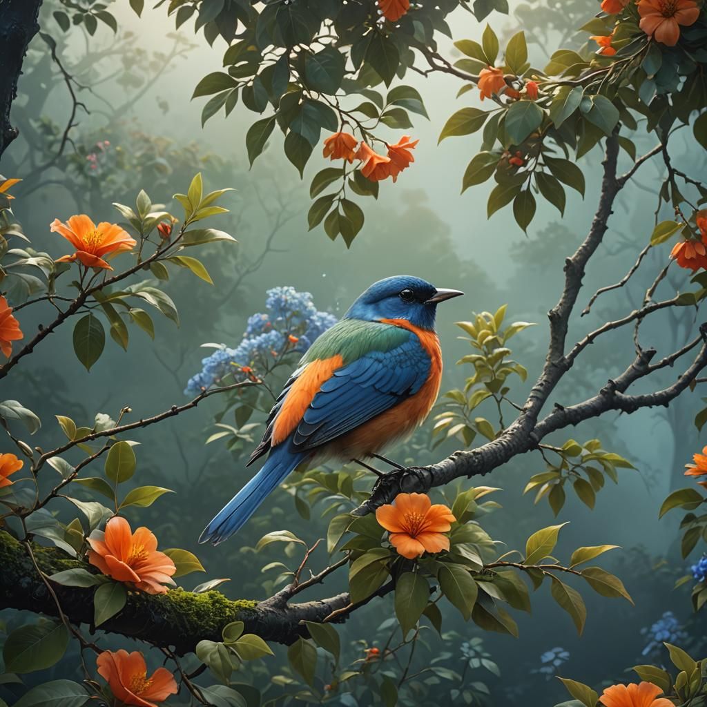 Bird on Summer Tree Branch in Hyper-Realistic Style