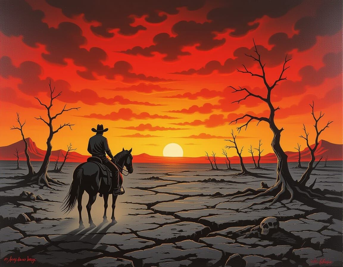Cowboy in Apocalyptic Landscape, German Expressionist Style