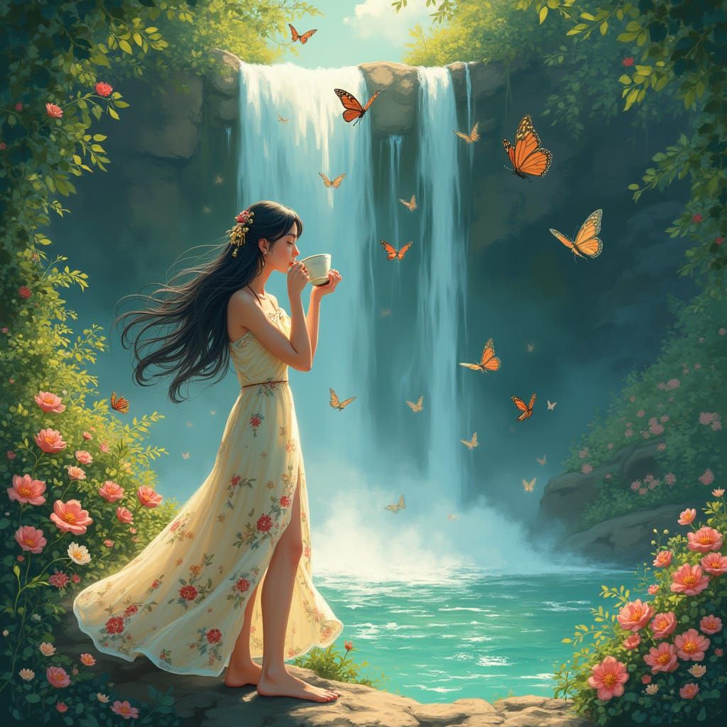 Whimsical Anime Paradise with Waterfall and Blooming Flowers