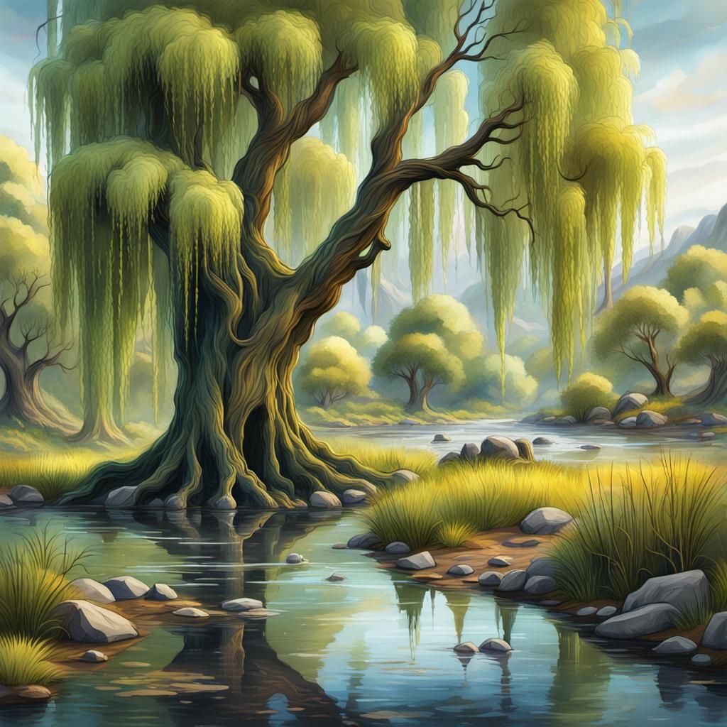 Watercolor Willow Tree Crying by Creek