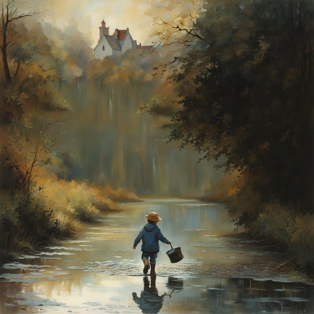 Child Plays in Puddle: Watercolor Art