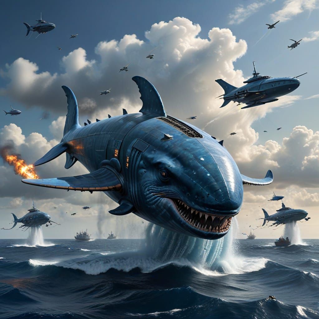 Surreal Starship Whale Battles Armada of Portuguese Sail Shi...