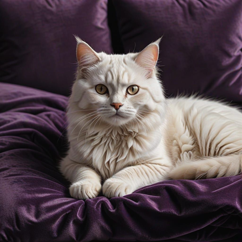 Realistic Cat Portrait on Luxurious Velvet Pillow