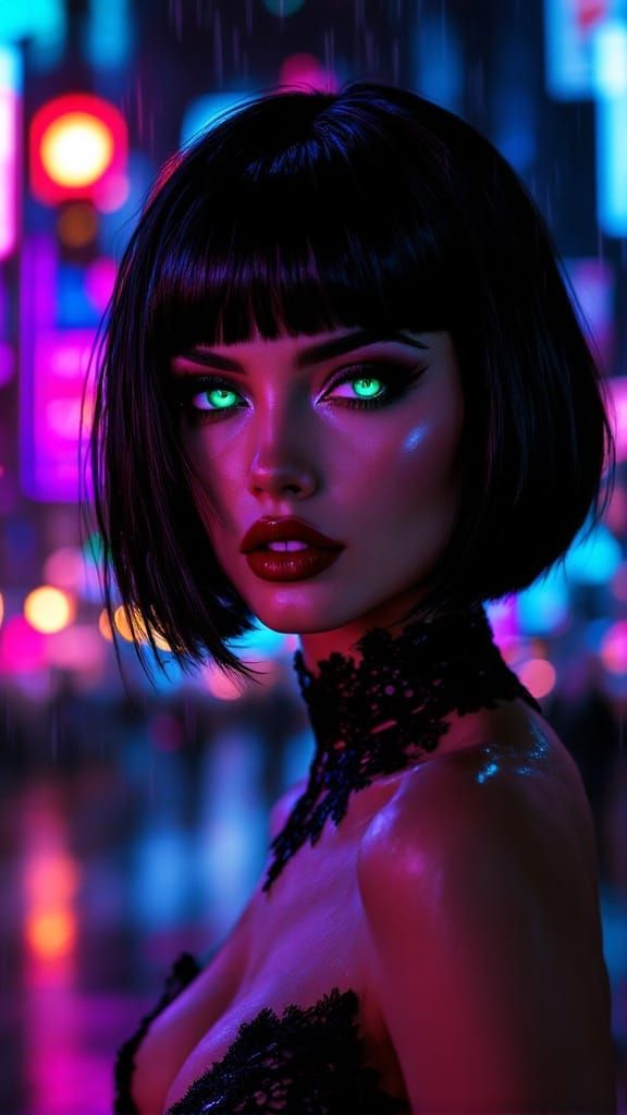 Cyberpunk Femme Fatale in Neon Noir Cityscape