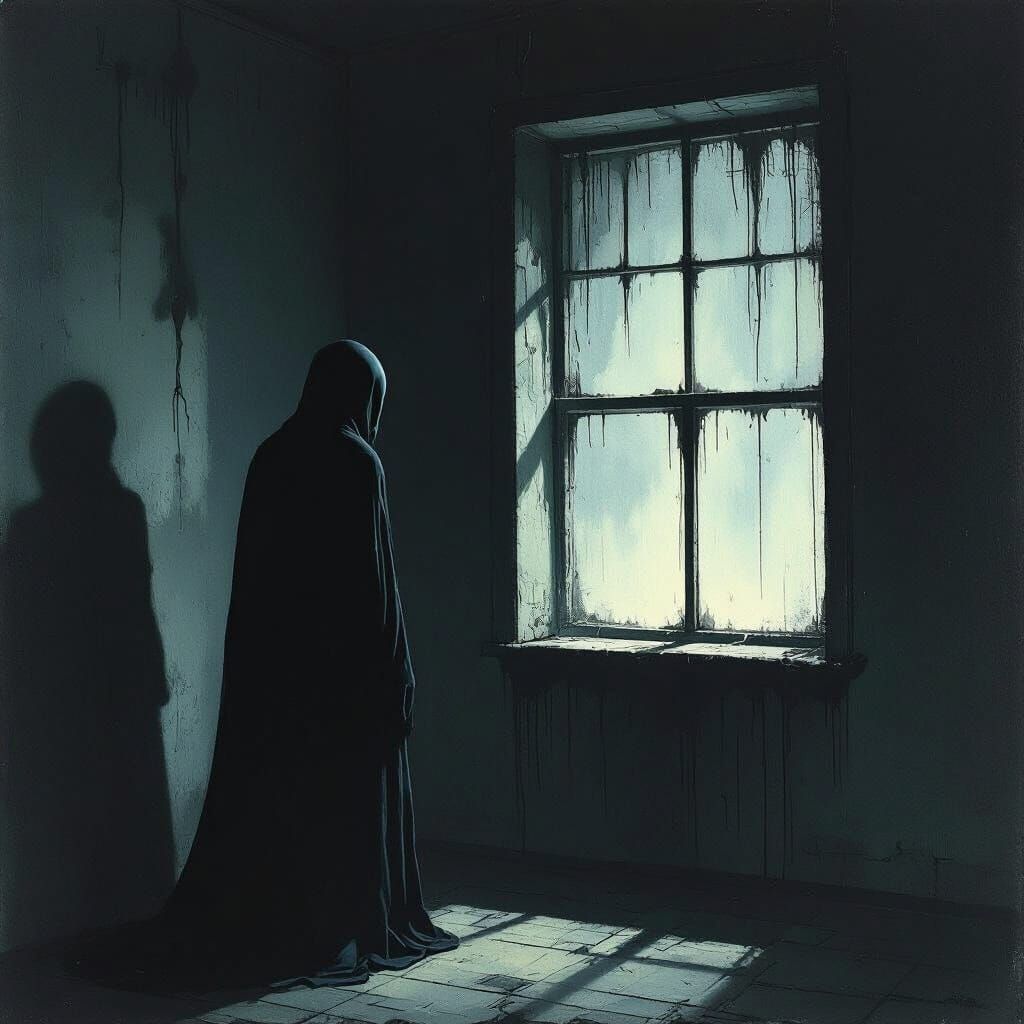 Ominous Figure in Window: Macabre Horror Art
