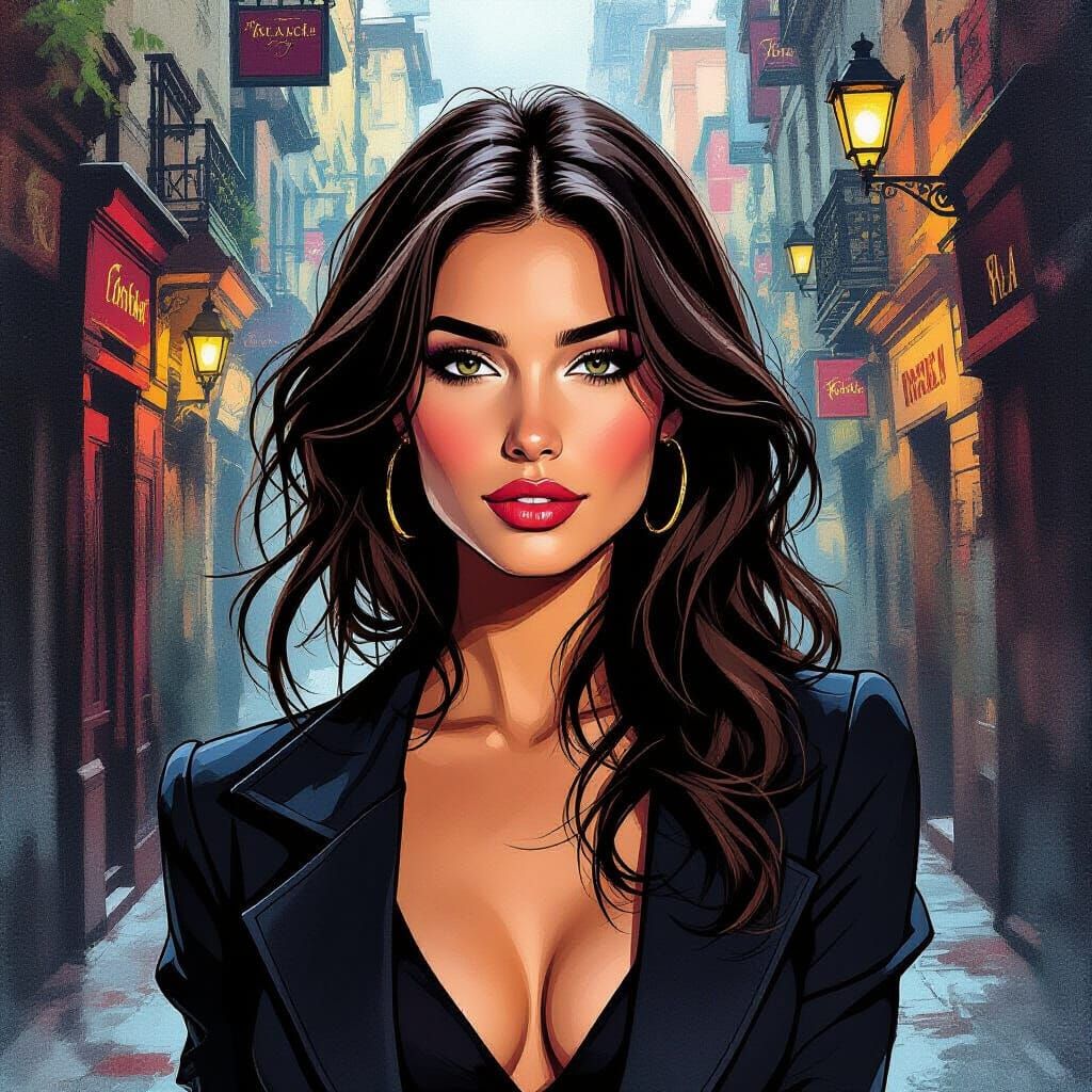 Brunette in Cityscape, French Comic Art Style