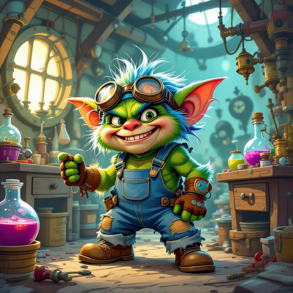 Mischievous Gremlin Pulling Pranks in Steampunk Workshop