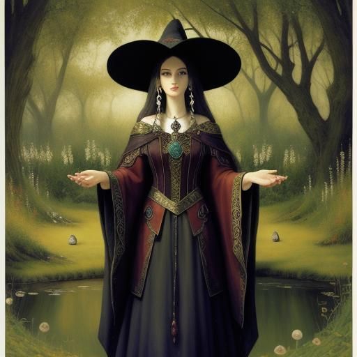 Enchanting Witch Under Willow Tree: Fantasy Art