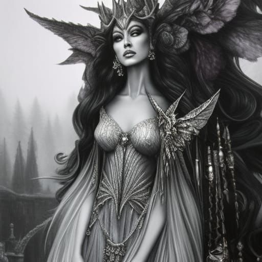 Fae Queen Pencil Sketch in Ethereal Style