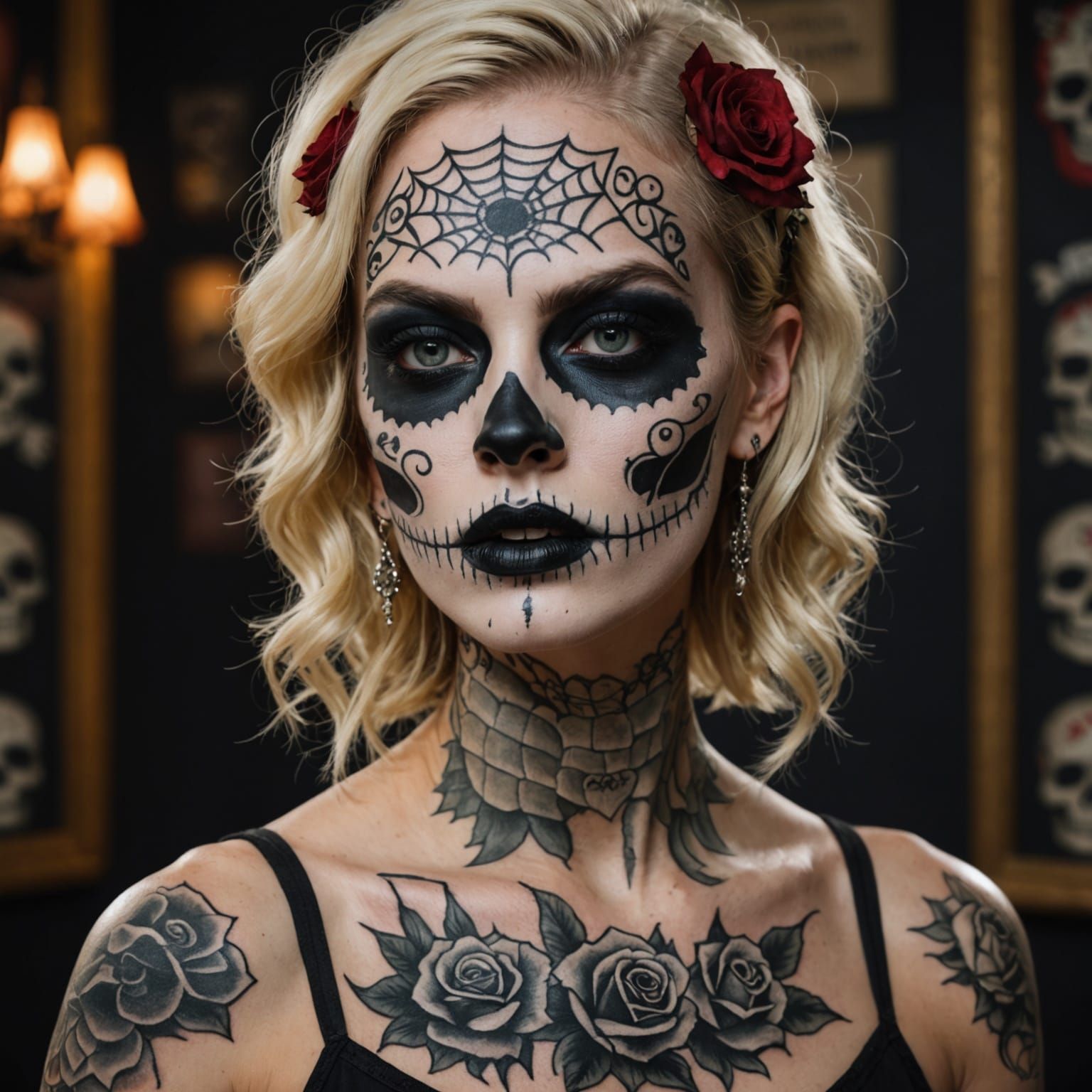 Gothic Day of the Dead Beauty with Sugar Skull Tattoos