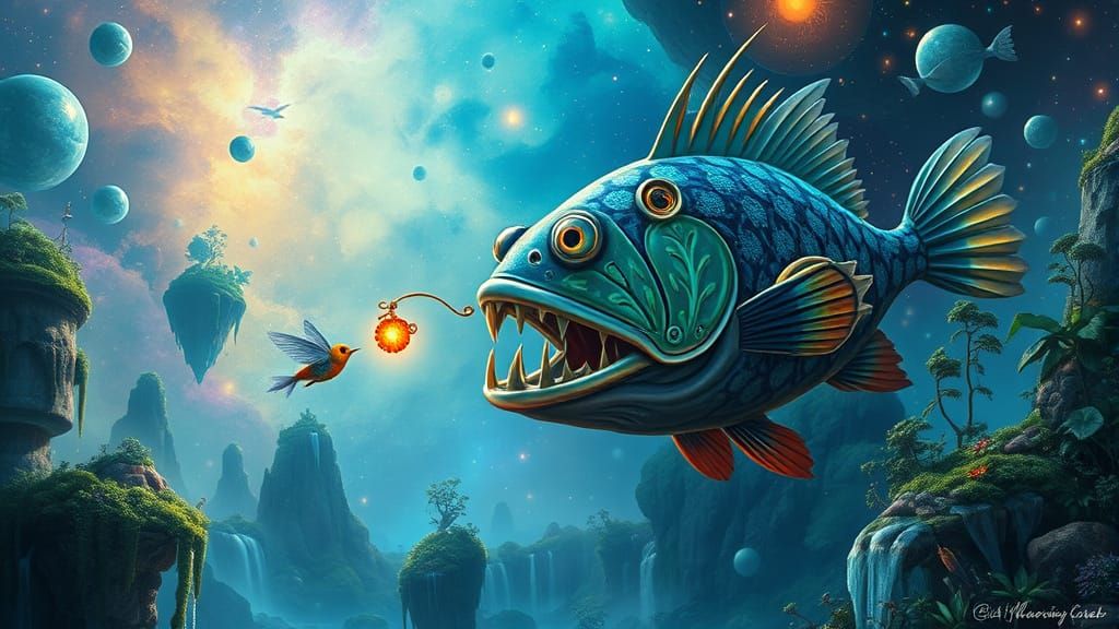 Bioluminescent Anglerfish in Nebula with Floating Islands