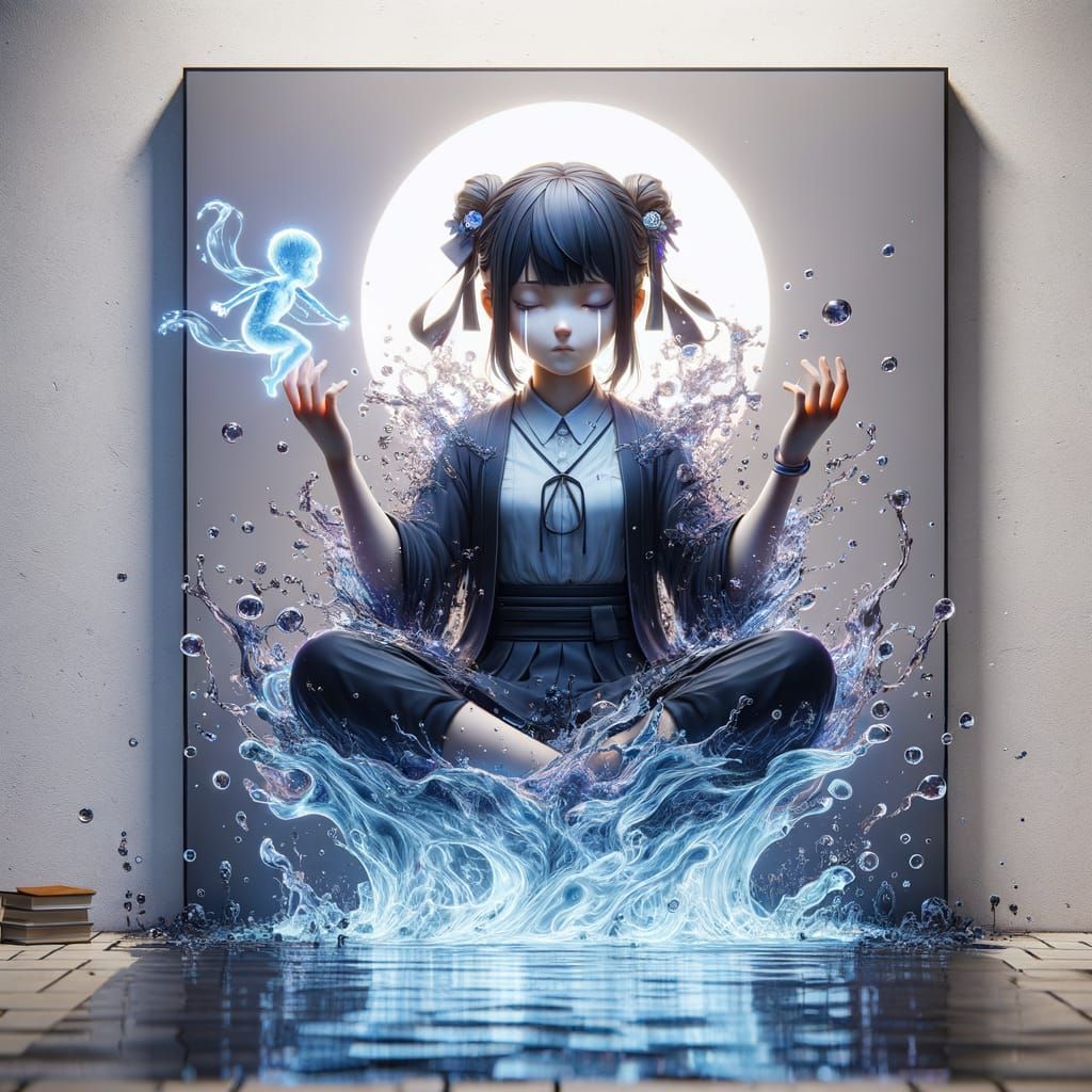 Water Elemental Girl, Ukiyo-e Style CGI Character Poster