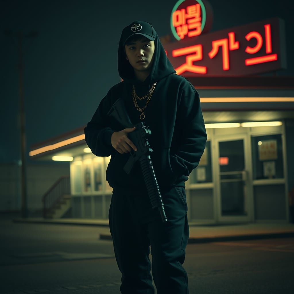 Korean Mobster with Rifle in Gritty Cinematic Style