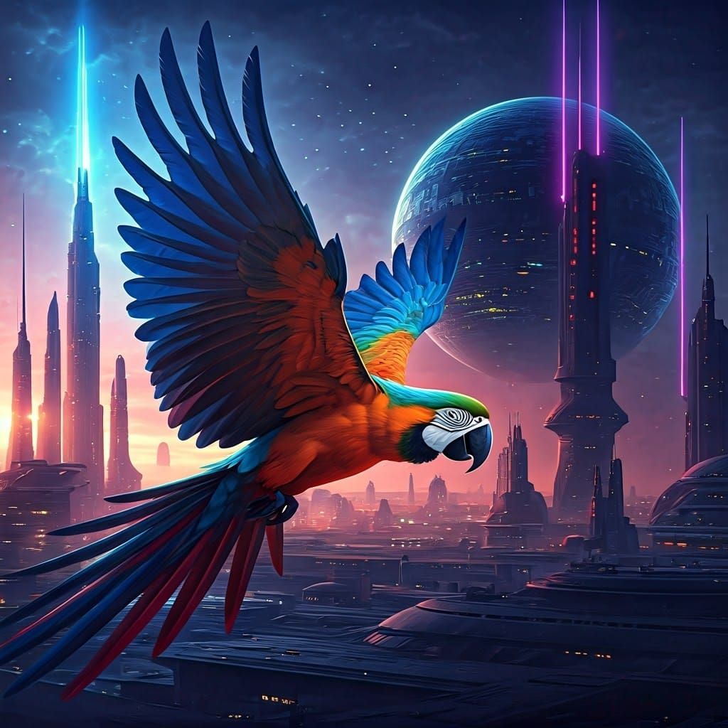 Parrot Soaring Over Neon Cityscape at Sunset