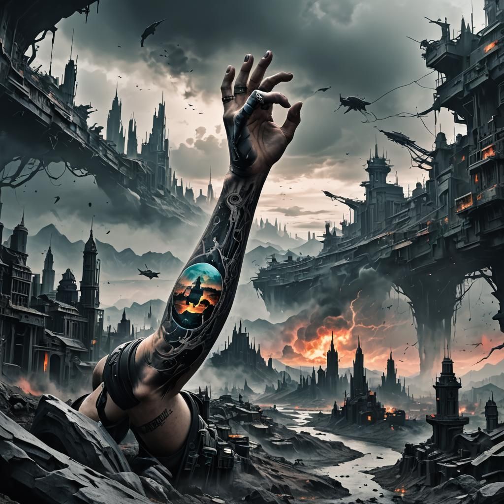 Dystopian Arm Tattoo: Utopian Silhouette in Matte Painting