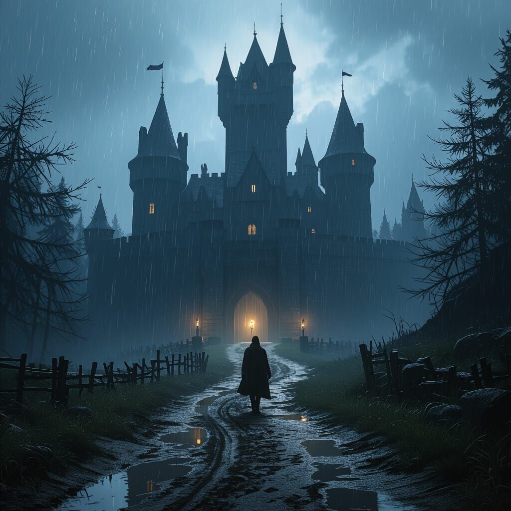 Rainy Night Path to Medieval Castle in Dark Fantasy Style
