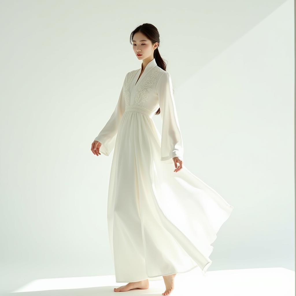 Elegant Korean Woman in White Kaftan Dress