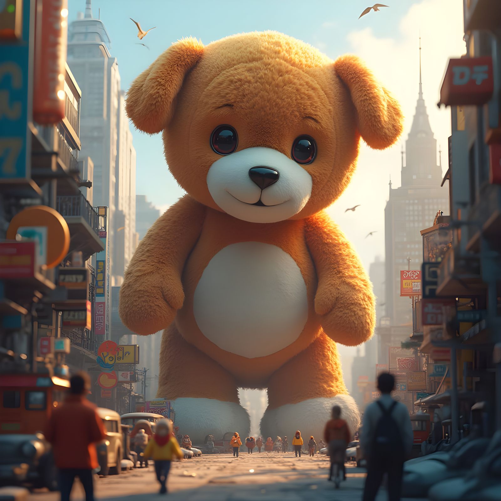 Gigantic Plush Dog Towers Above City Skyscrapers in Whimsica...