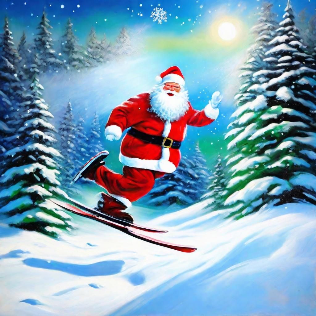 Santa Claus Skiing in Winter Wonderland Oil Painting