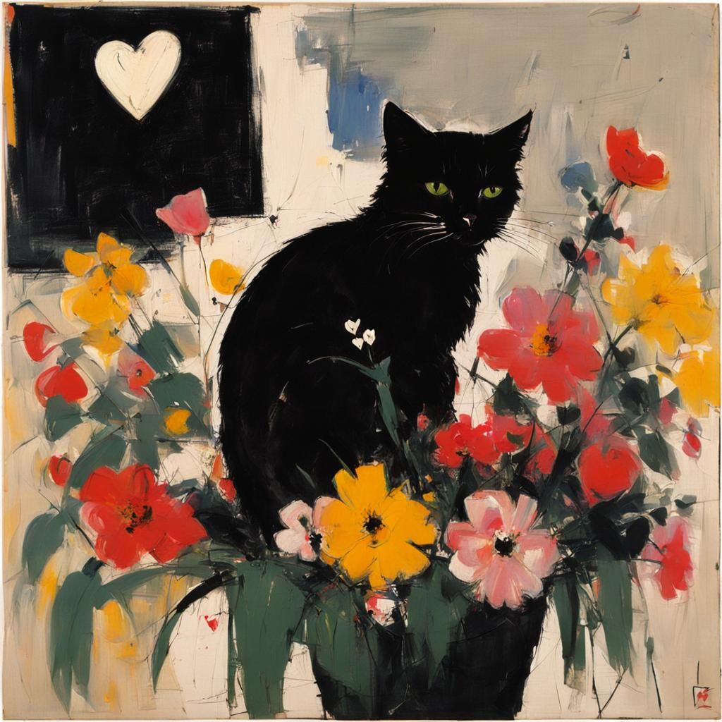 Abstract Expressionist Cat with Flowers and Lights
