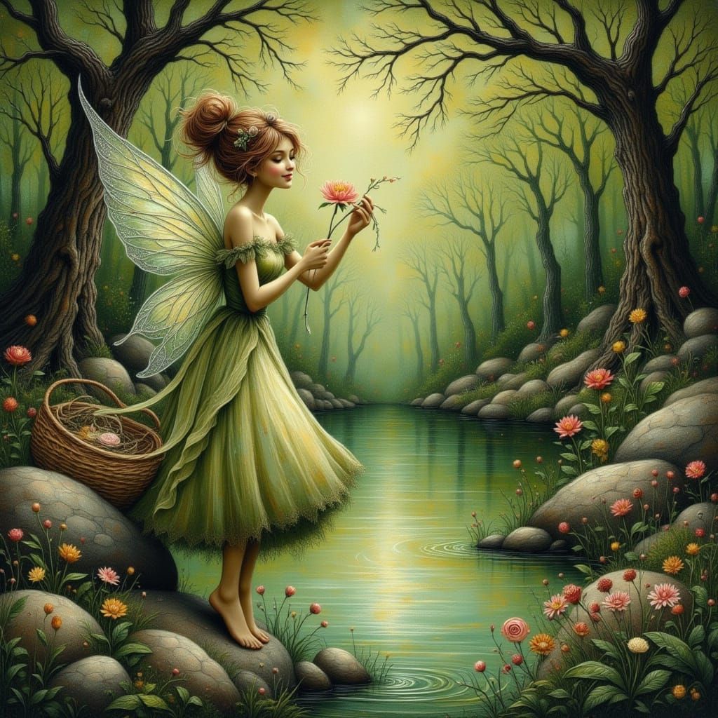 Enchanting Fairy Washing Clothes by Forest Lake