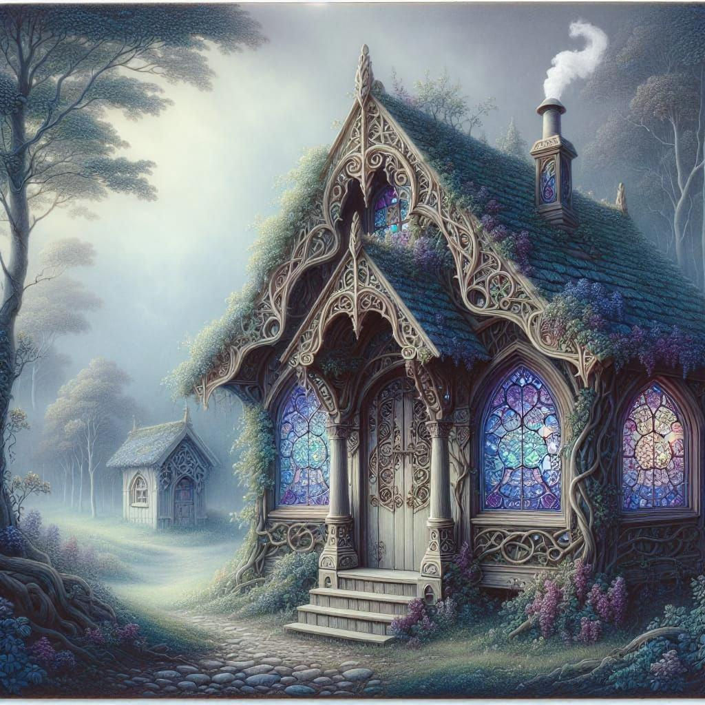 Ethereal Cottage in Pre-Raphaelite Style Landscape