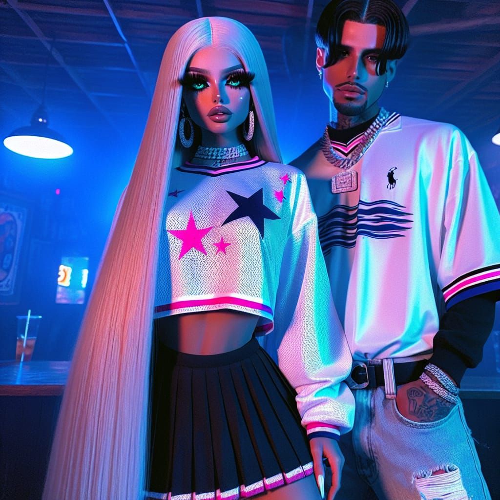 Fashionable Couple Dancing in Neon-Lit Mexican Bar