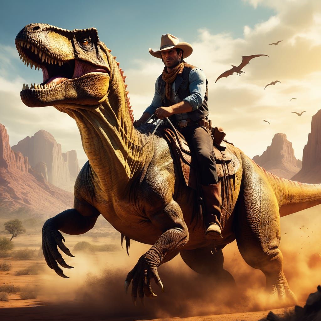 Cowboy on a Prehistoric T-Rex in a Wild West Landscape