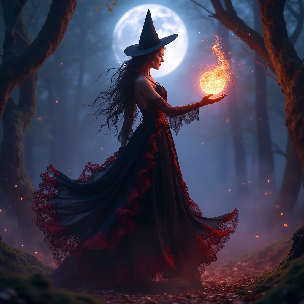 Majestic Hot Witch in Moonlit Fantasy Landscape