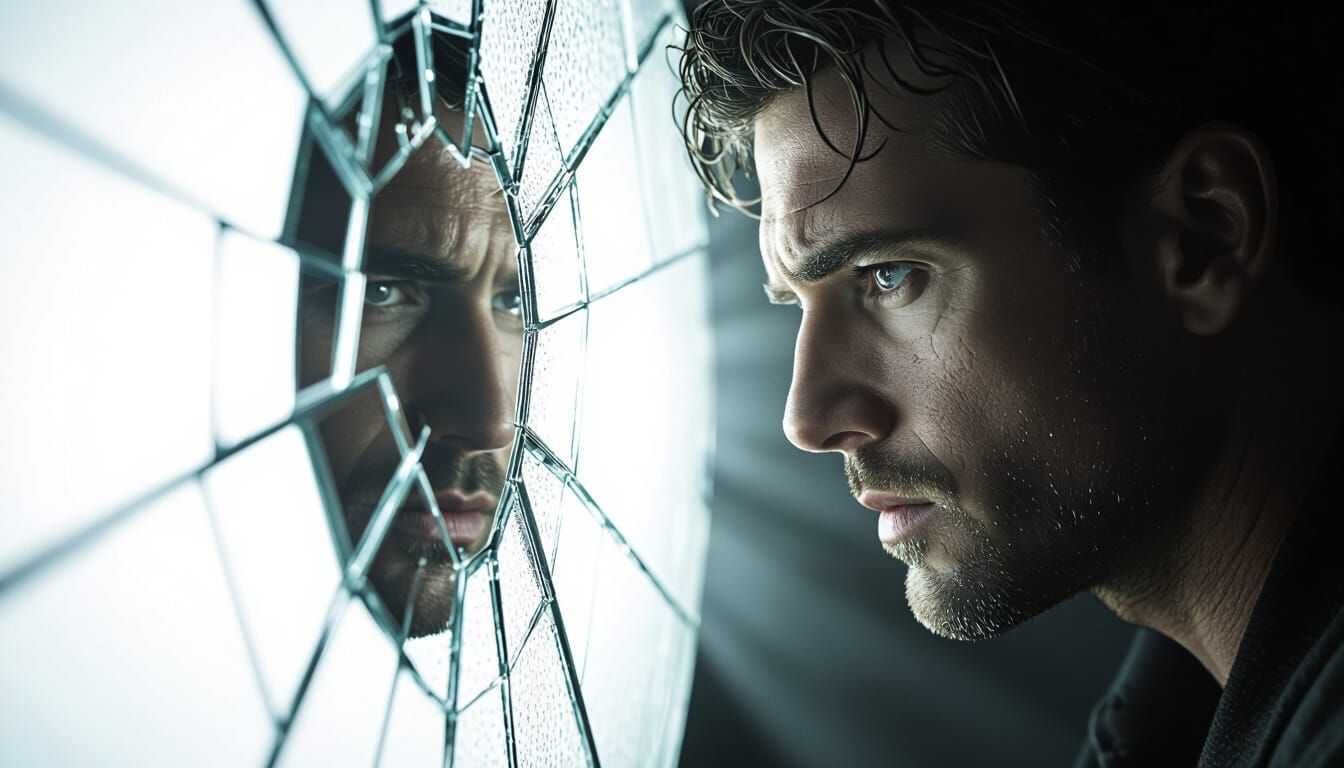 Man's Dual Nature Reflected in Cracked Mirror, Cinematic Sty...