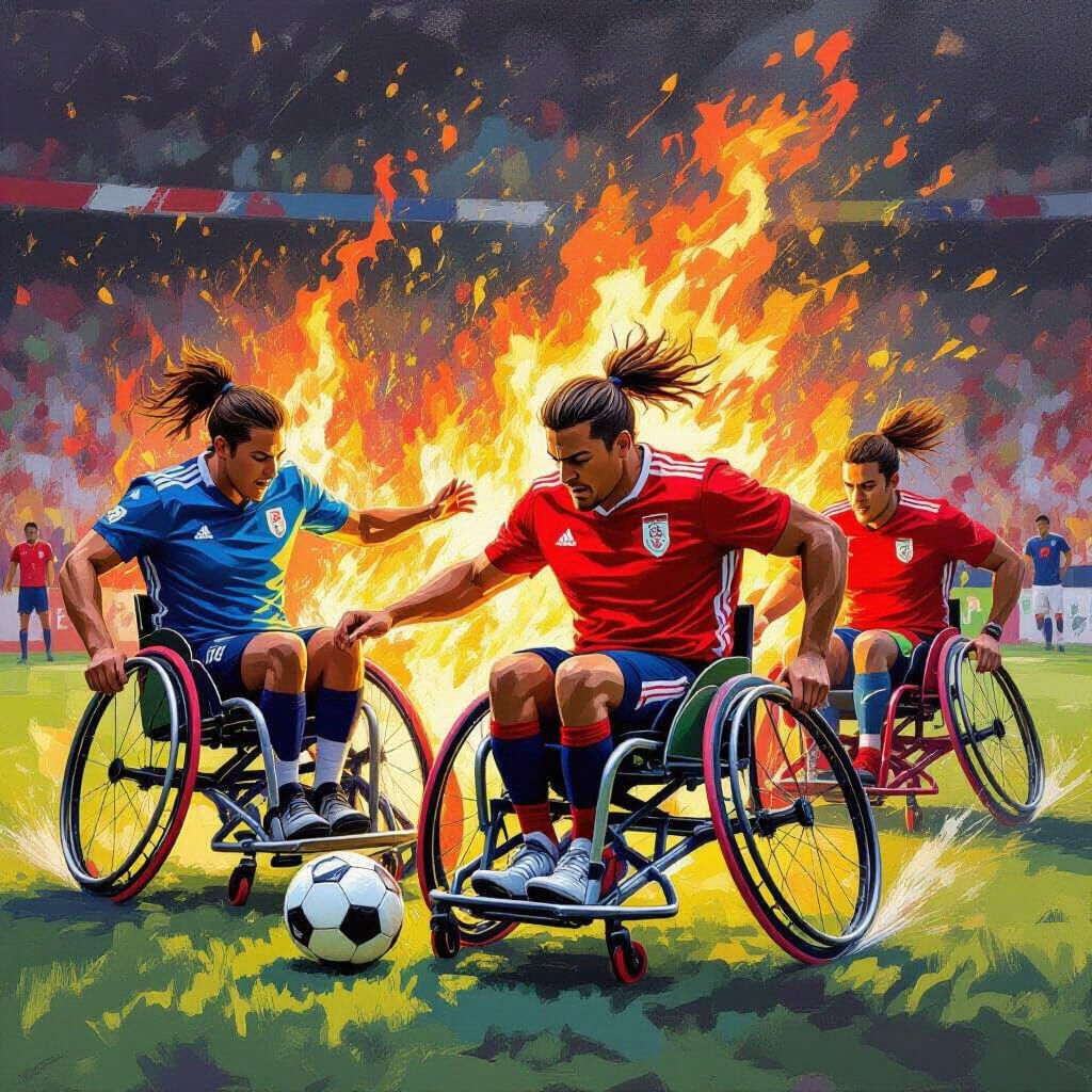 Intense Wheelchair Soccer Game at its Peak