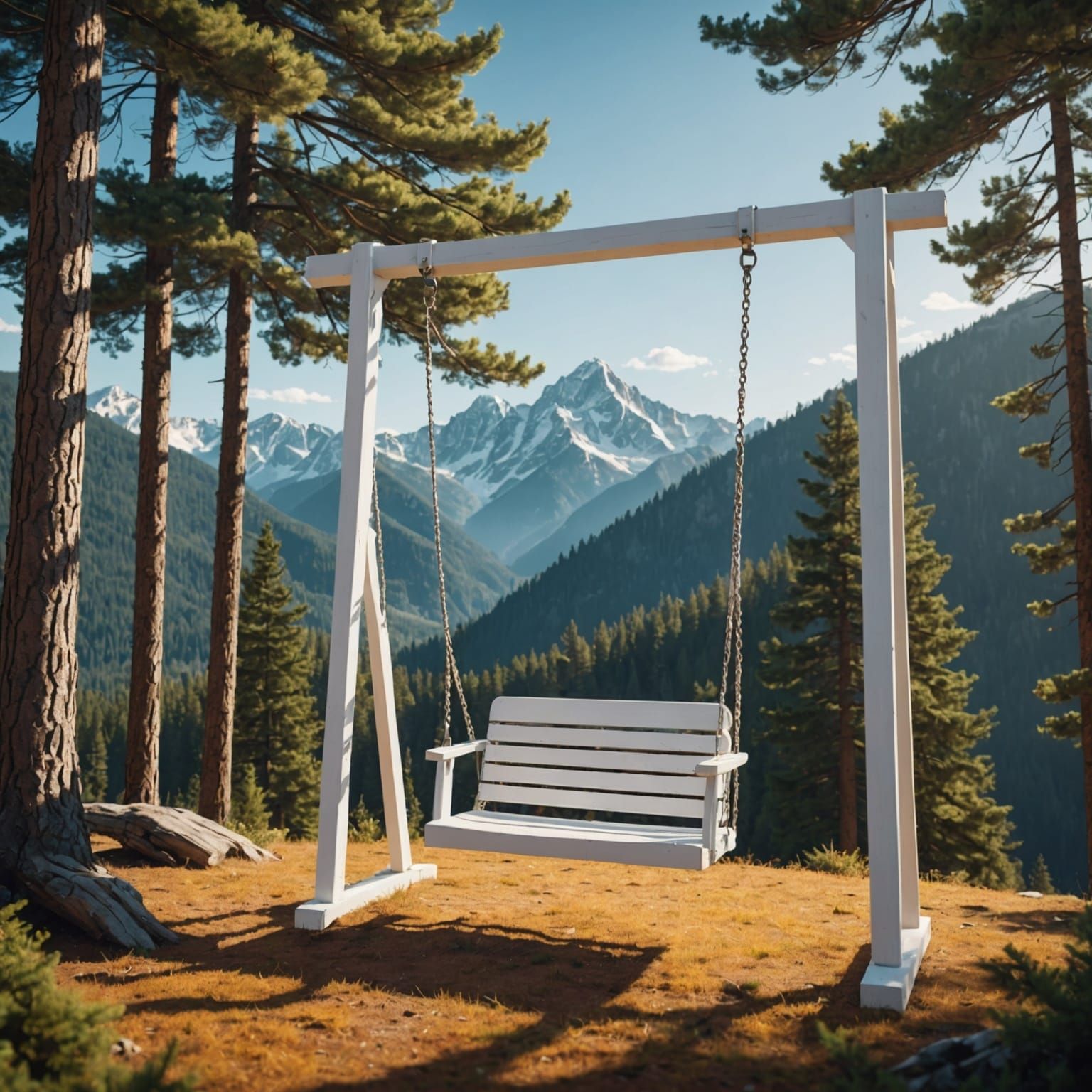White Swing with Mountain Backdrop: Hyperrealistic Concept A...
