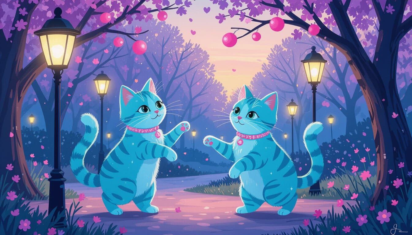 Turquoise Cats Dancing in Lilac Twilight Park