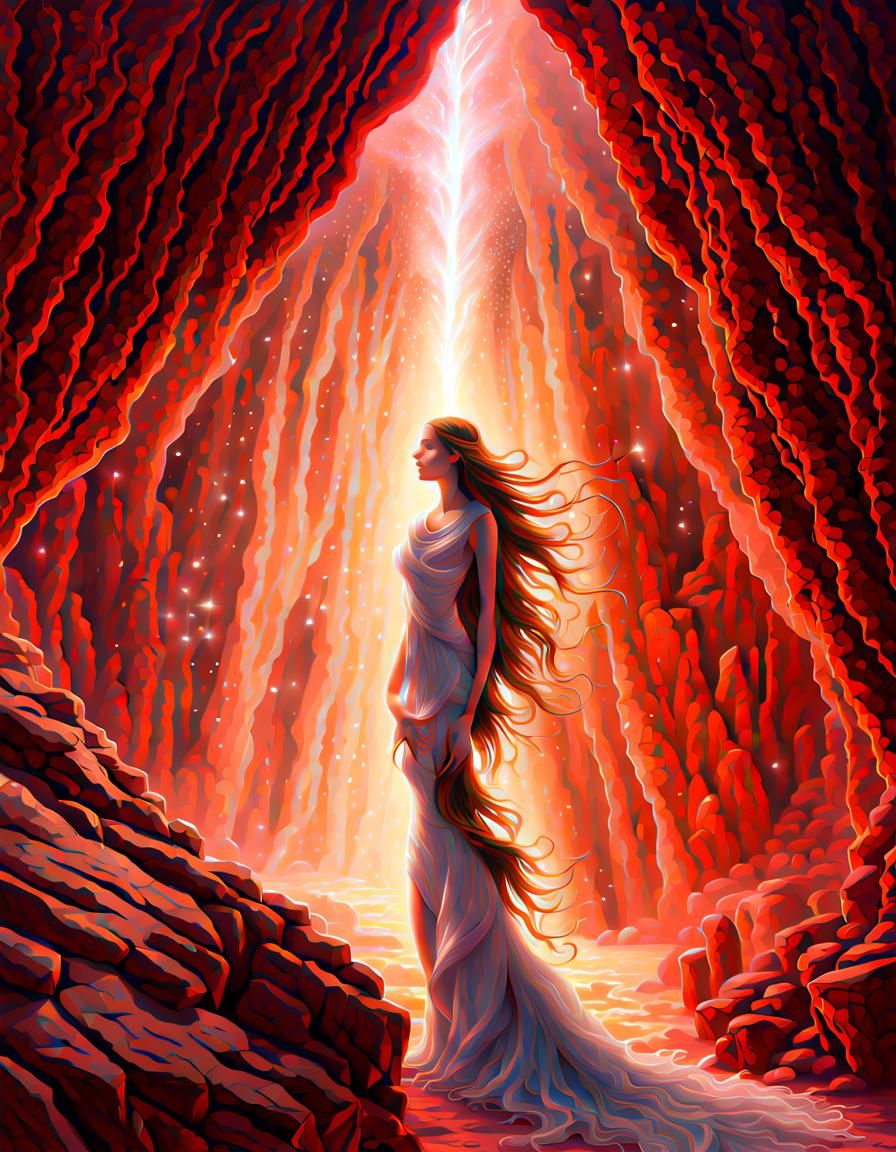 Crystalline Figure Radiating Light in Cavern: Fantasy Art
