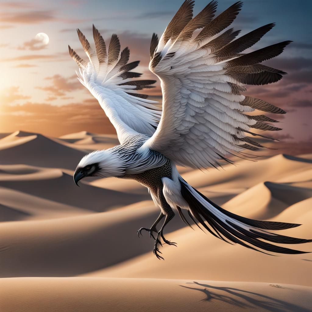 Lunar Bird Soaring Over Desert, Digital Matte Painting