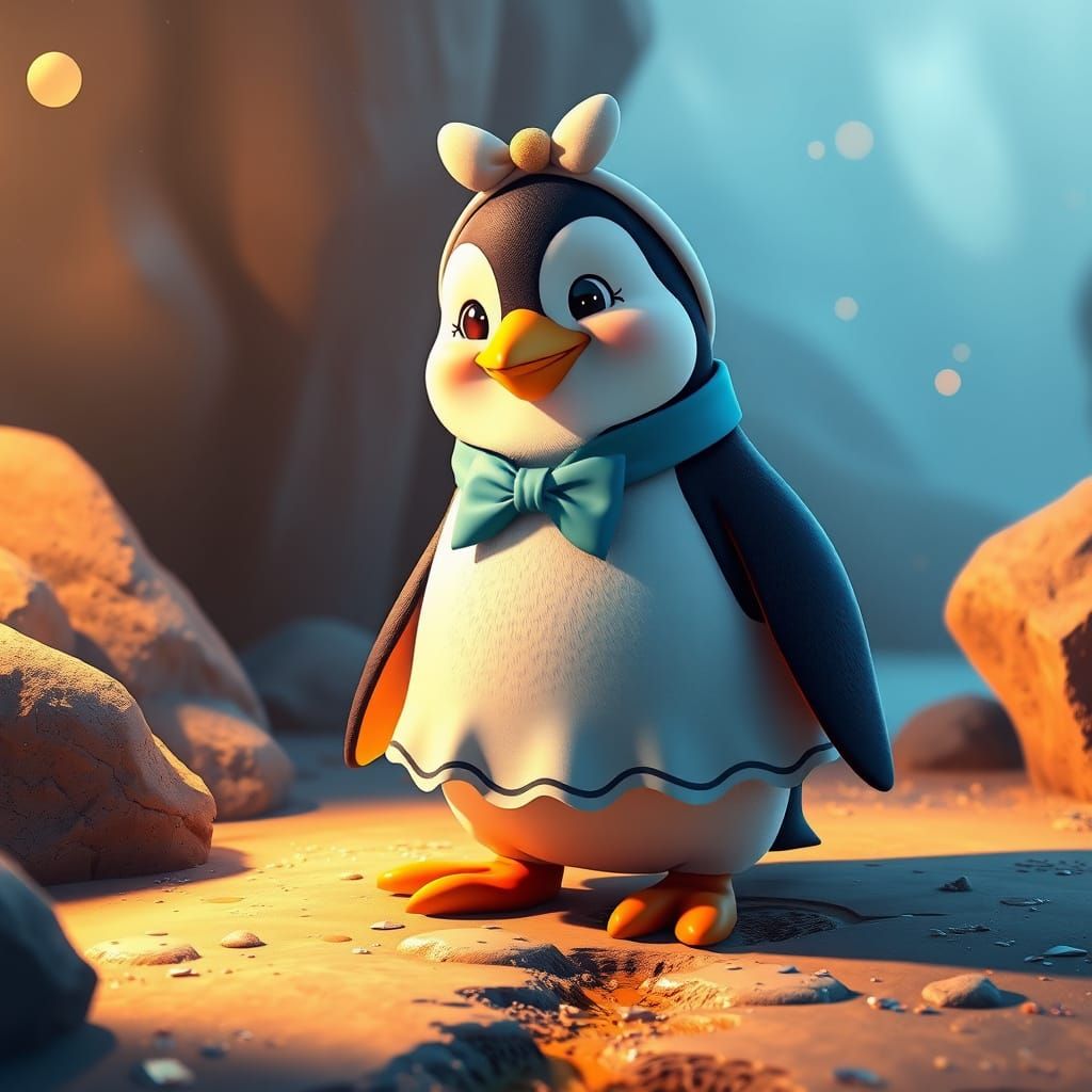 Adorable Penguin Dressed As Alice In Cartoon Style