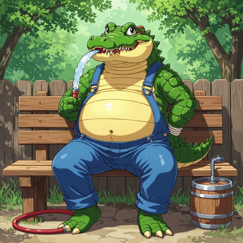 Crocodile in Overalls Drinking From a Keg: Anime Style