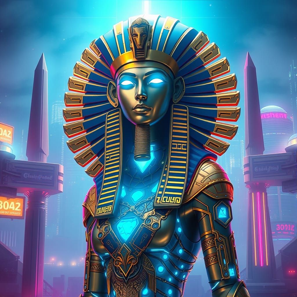 Cybernetic Egyptian Goddess in Neon Cairo