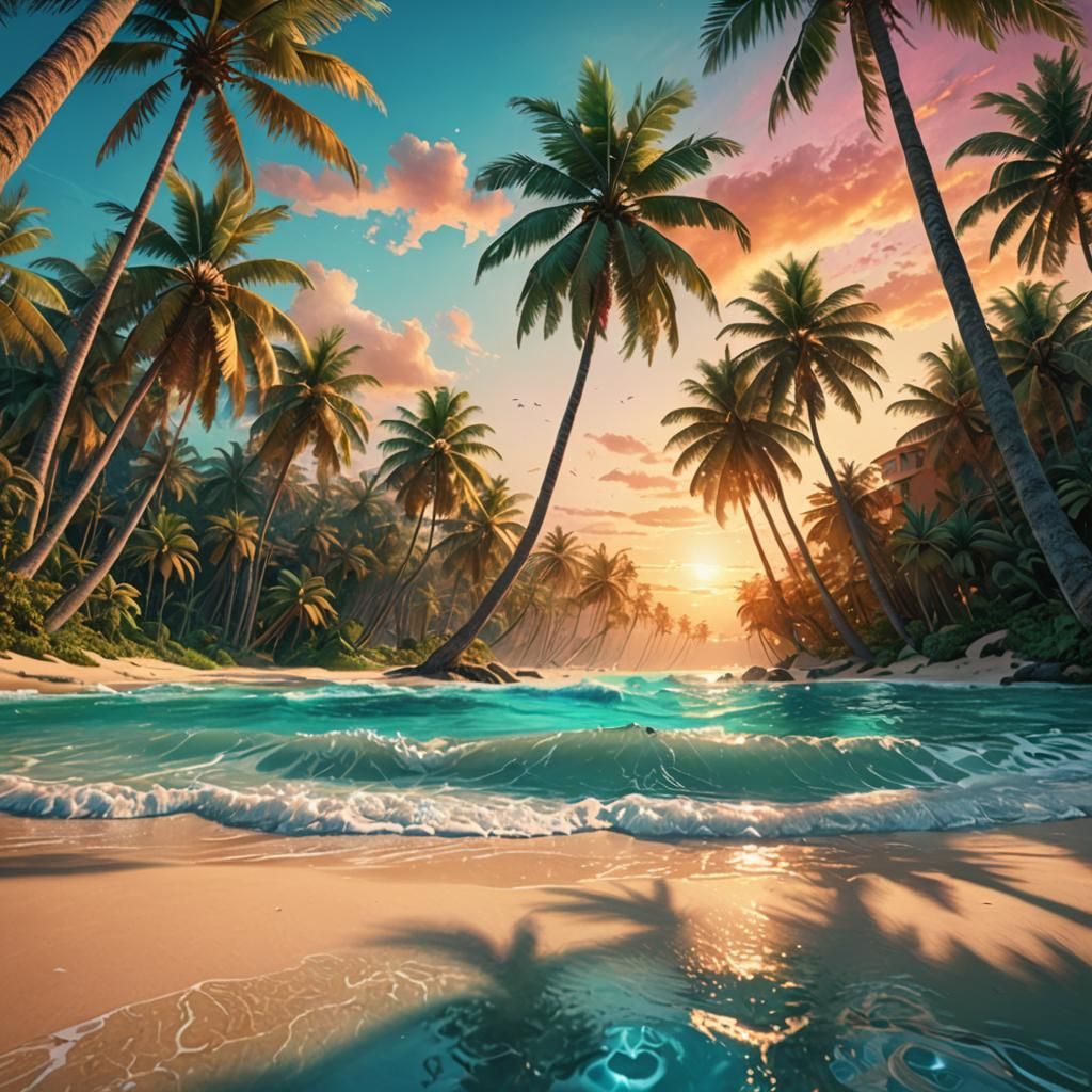Psychedelic Sunset Over Turquoise Waters: Digital Art