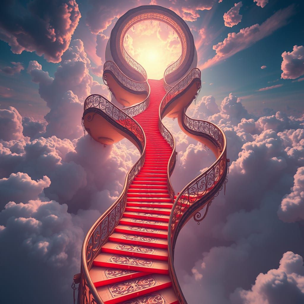 Surreal Architectural Stairway Unfolds into Fantasy Realm