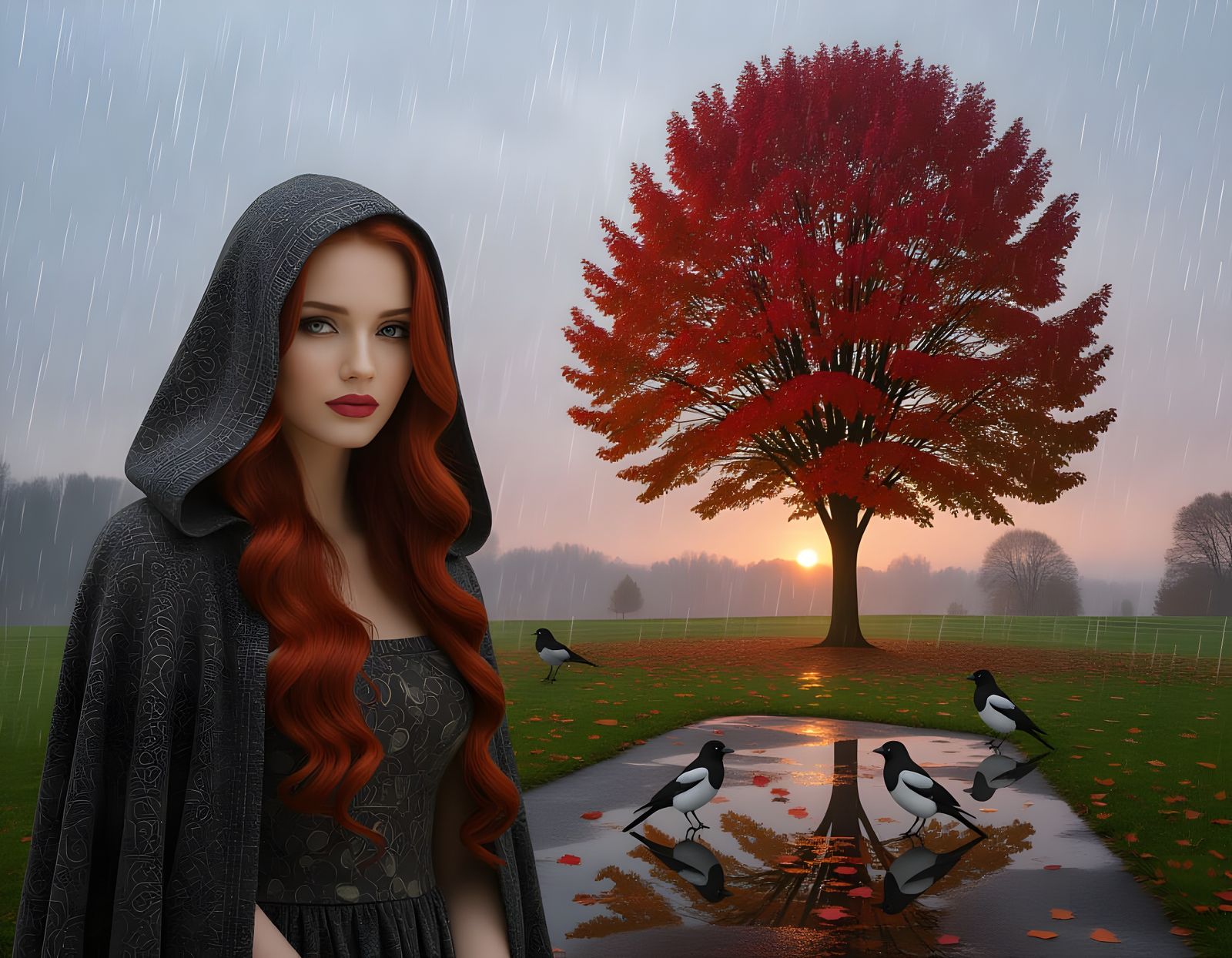 Gloomy Autumn Woman in Rain, Hyperrealistic Photography